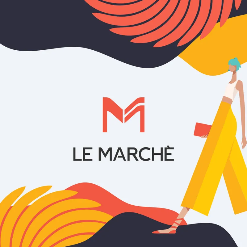 Le Marché logo surrounded by bold abstract shapes in orange, navy and yellow