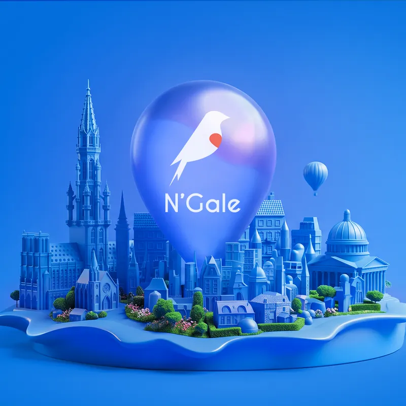 3D blue fantasy city with a glowing N’Gale logo sphere