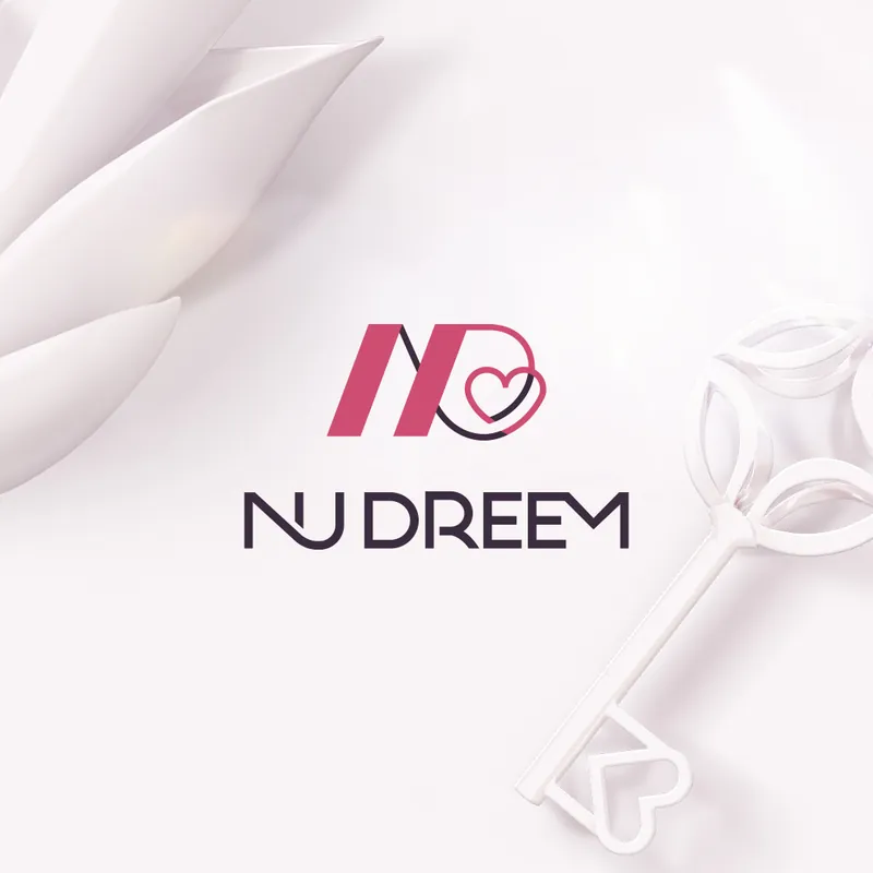Nu Dreem logo on a white background next to a white 3D key
