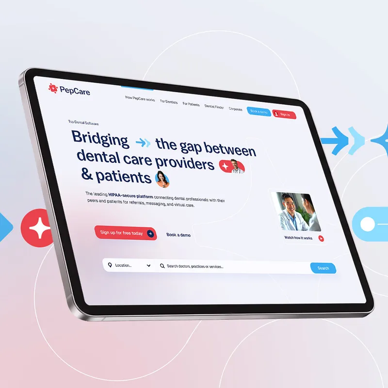 Tablet showing the Pepcare dental referral website headline “Bridging the gap between dental care providers & patients”