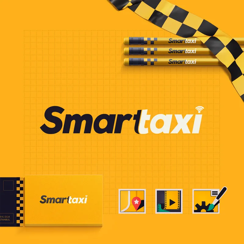 Smarttaxi logo on a yellow background with a black-and-white checkered stripe
