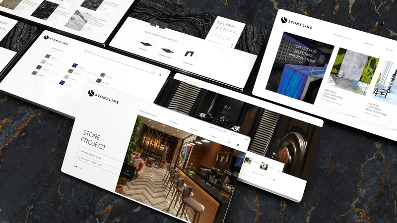 Stoneline website pages showing natural stone interiors