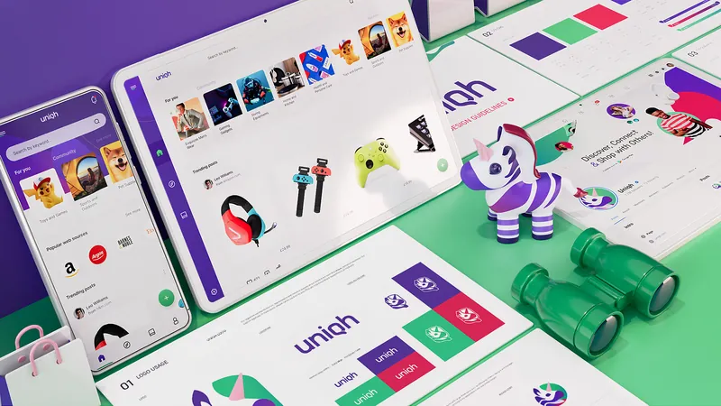 Uniqh social shopping app screens and brand identity