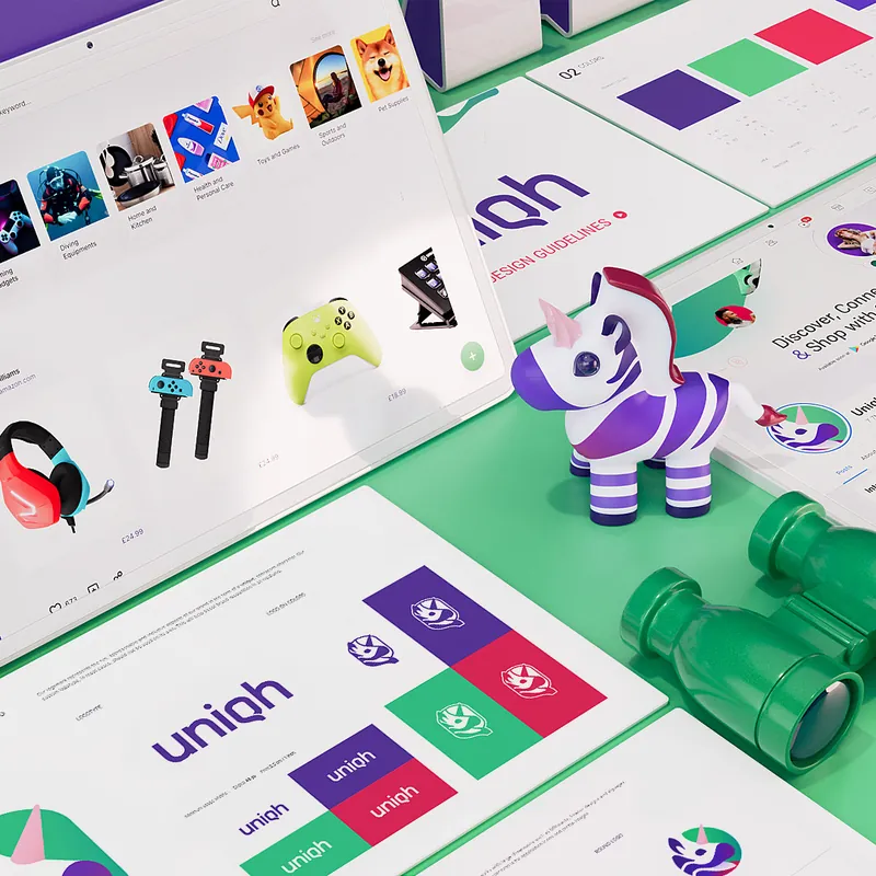 Uniqh app screens and branded cards on green with a toy zebra and binoculars